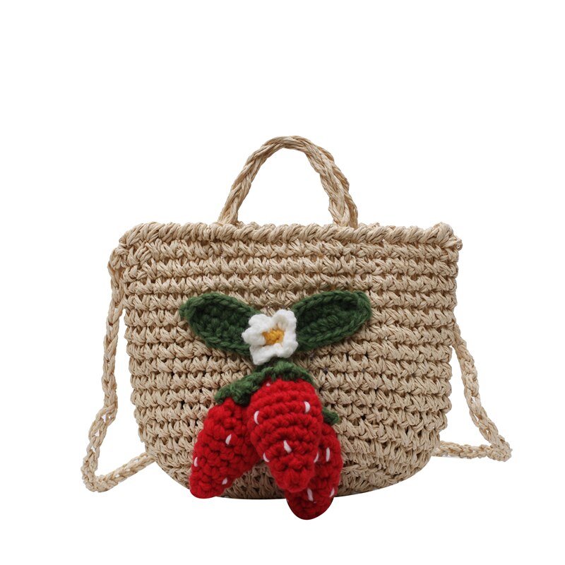 Sommer jordbær frukt halmpose kvinner små vevde crossbody skulderveskermini søt strandveske reisetaske: beige