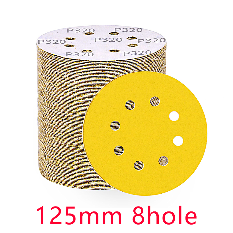 125mm 5 tuuman 8 reiän keltainen hiekkapaperi, hionta levyhiomakoneelle, auton puuntyöstömetallin hiomalaikka hiomakiillotustyökalulle