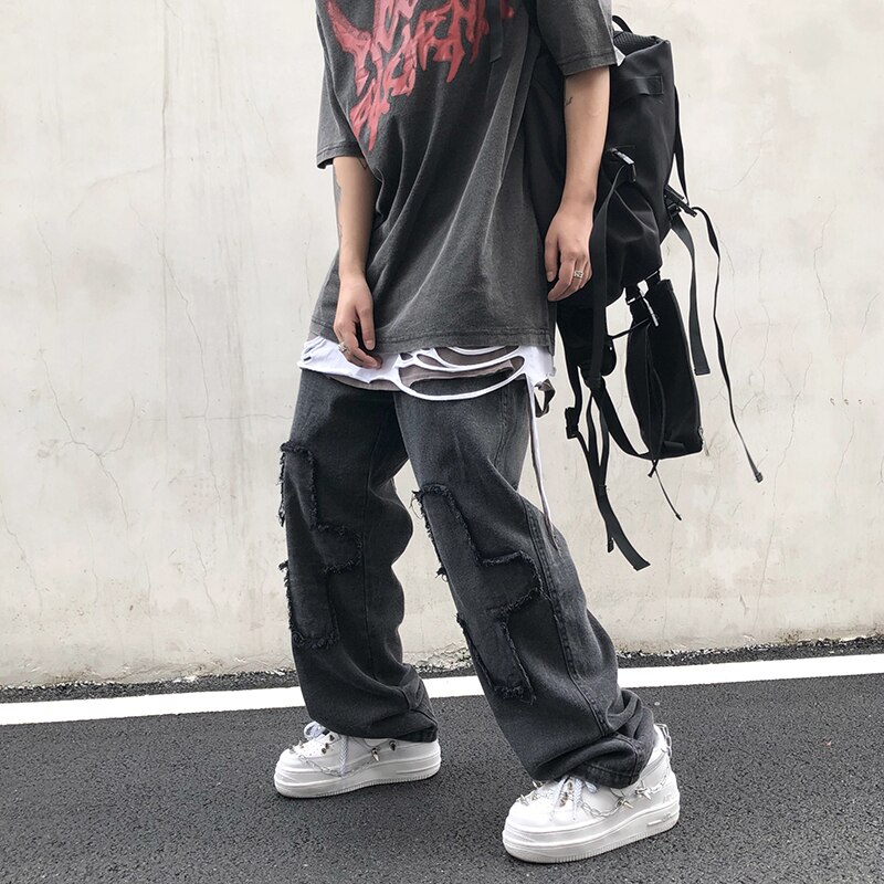 UNCLEDONJM Jeans Patch pocked cargo pants men jeans Hipster Casual Loose Punk Rock Trousers Pants ED937