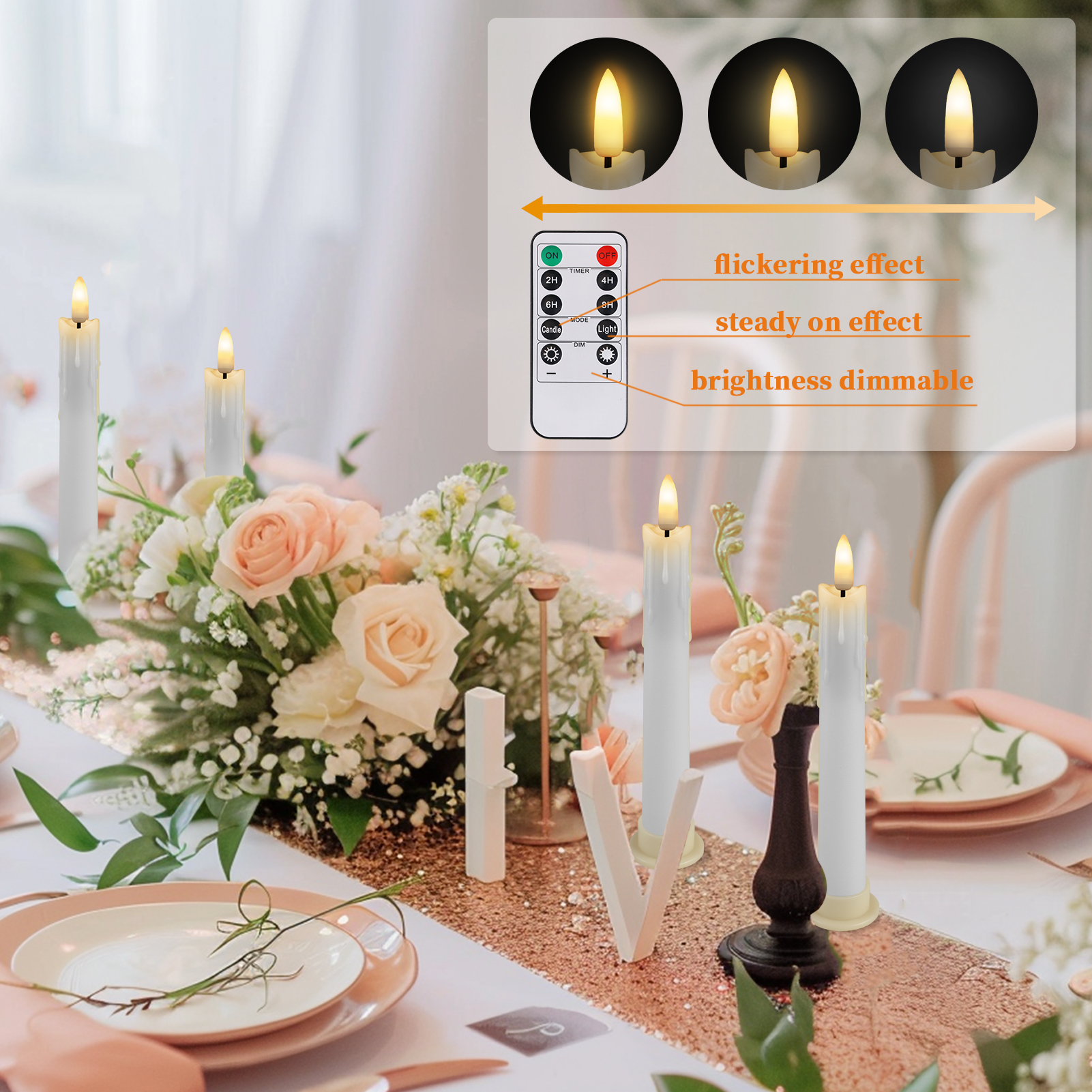 Pack of 12/24pc Flameless Flickering Ivory Taper Candles with Remote Battery Operated LED 3D Wick Candle Christmas Wedding Decor
