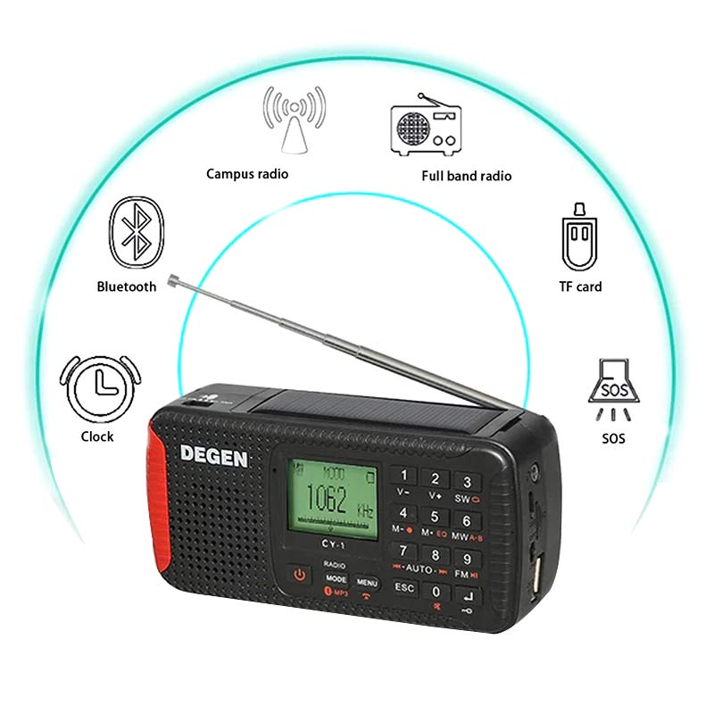 DEGEN CY-1 Emergency Radio FM /MW/ SW Dynamo Solar Alarm Clock Shortwave Radio LCD/SOS/Bluetooth/MP3/Recorder Portable Radio
