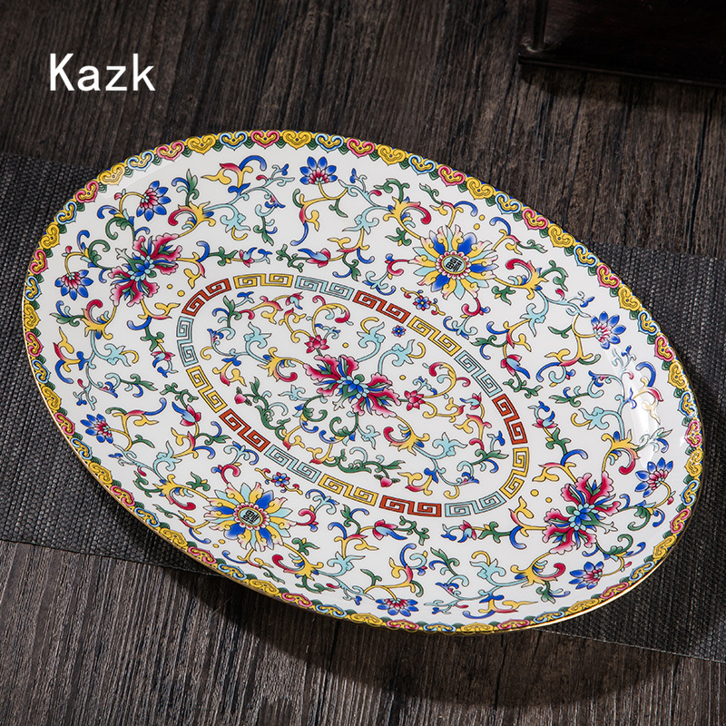 Golden Side Palace Relief Ceramic Plate Chinese Style Enamel Color Bone China Large Fish Plate Tableware Dishes Antique Plate