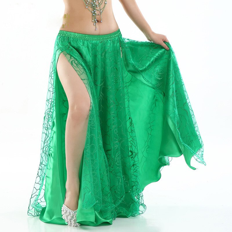 Nueva ropa de danza del vientre de las mujeres de 9 colores círculo completo Maxi falda Falda larga de pierna dividida 2 capas faldas de danza del vientre rosa: green