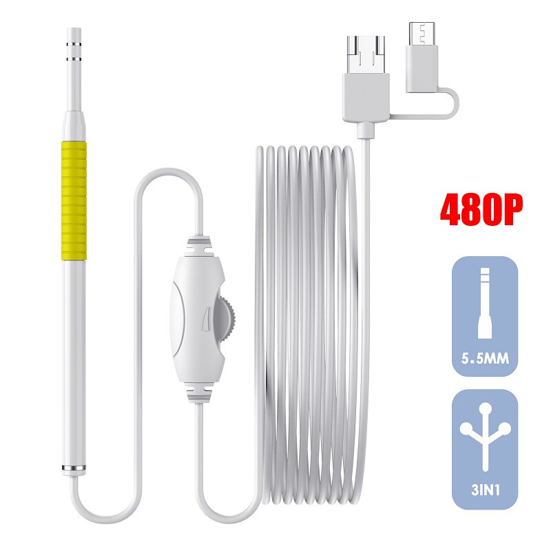 Ear Cleaning Endoscope Small 5.5mm 3 In1 Visual Ear Pick Cleaner Camera USB Ear Spoon Type C Ear Otoscope Borescope For Android: yellow 480P