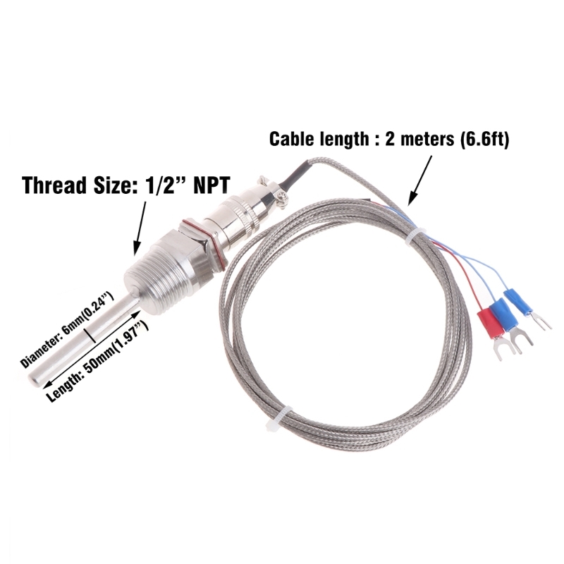 RTD PT100 Temperature Sensor Probe 5cm 1/2&quot; NPT Thread with Detachable Connector 2M Cable 3-wire Temperature Sensor