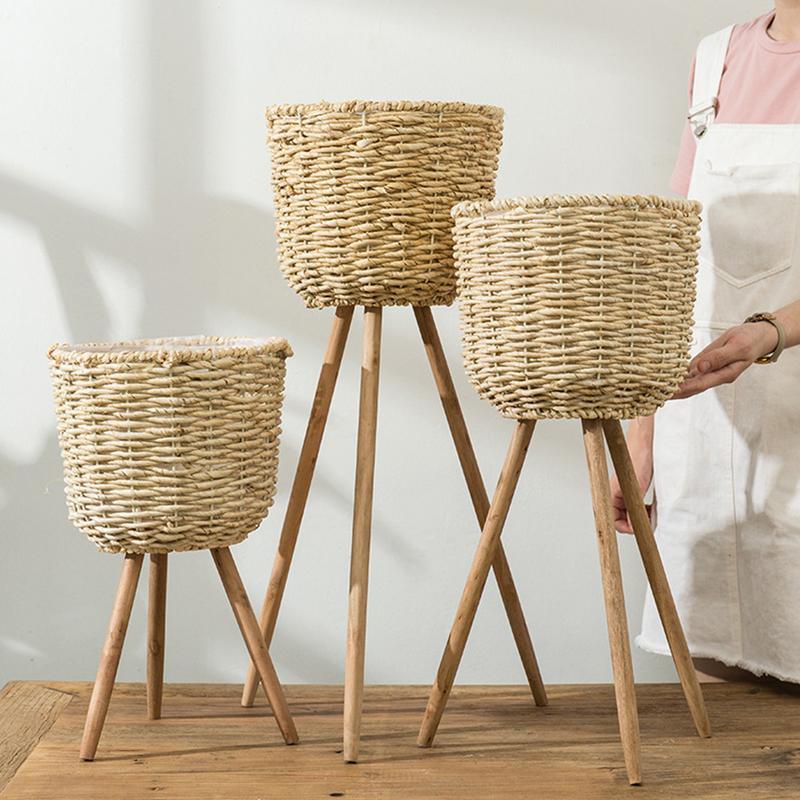 Handmade Bamboo Storage Baskets Laundry Straw Patchwork Wicker Rattan Seagrass Belly Garden Flower Pot Planter Basket