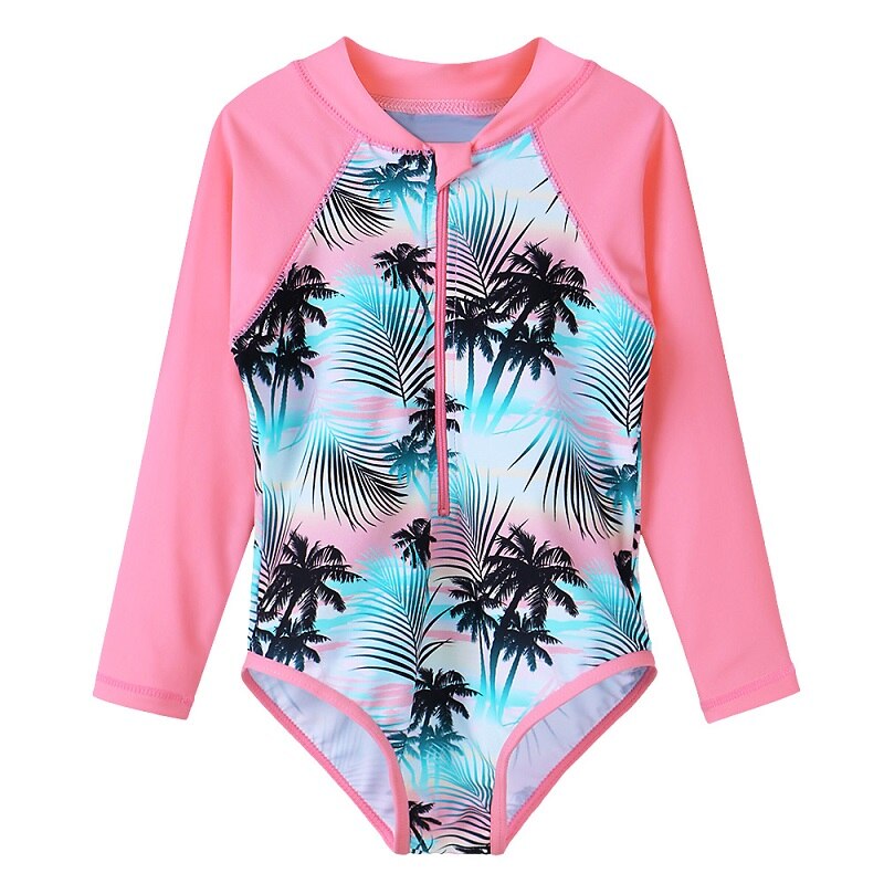 BAOHULU Round Collar Girls Swimsuits Green Pink Print Girls Swimwear Beach Bikini One Piece Long sleeves Swimwear for children: S281 GreenHotPink / 152cm to 158cm