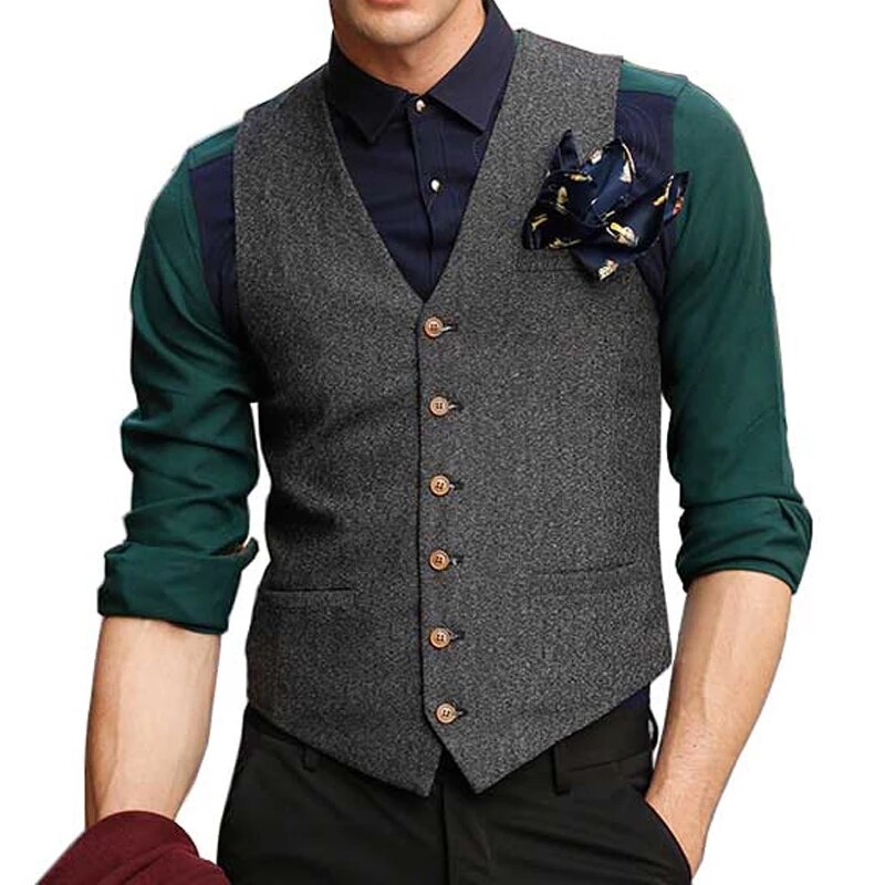 Gilet en Tweed gris pour hommes, col en V, simple boutonnage, une pièce pour mariage, bal, décontracté, Slim Fit, costume, manteau à la taille