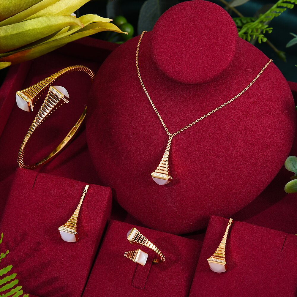 GODKI nowa sława marka 4 sztuk Waterdrop zestawy biżuterii dla kobiet Wedding Party Cubic cyrkon wysokiej klasy Craft Dubai zestaw biżuterii ślubnej: 4PC gold shell set
