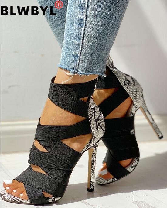 Sandalias Mujer femmes dames pompes pansement Patchwork couleurs mélangées serpent talons hauts sandales chaussures décontractées taille 37 ~ 43