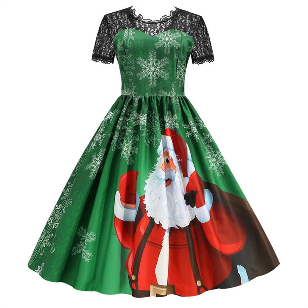 Vestidos de natal do vintage para as mulheres manga curta renda swing vestido vintage cocktail balanço natal impresso vestido de festa traje: L / Verde