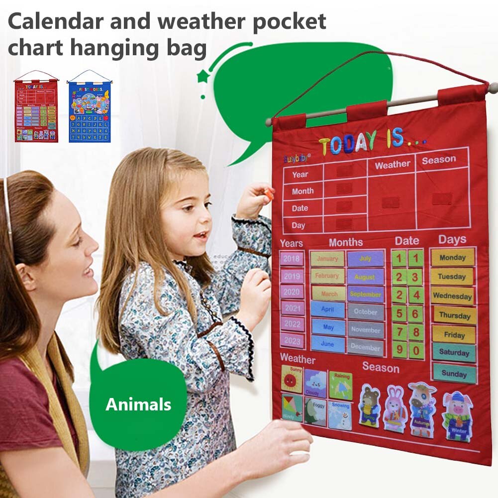 Kindergarten Infant Teaching Educational Toy Cloth Learning English Letter Weather Date Season Teach Tool Calendar Hanging Bag