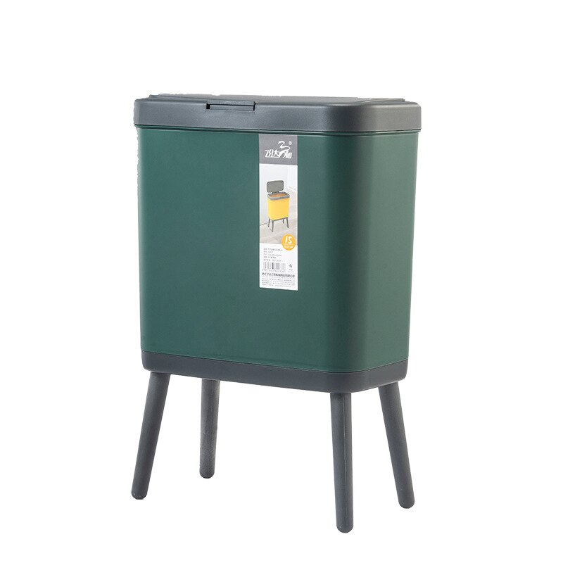High Foot Big Capacity Trash Can Plastic Garbage Container with Press Top Lid Slim Rectangular Waste Bin for Kitchen Bathroom: Green A