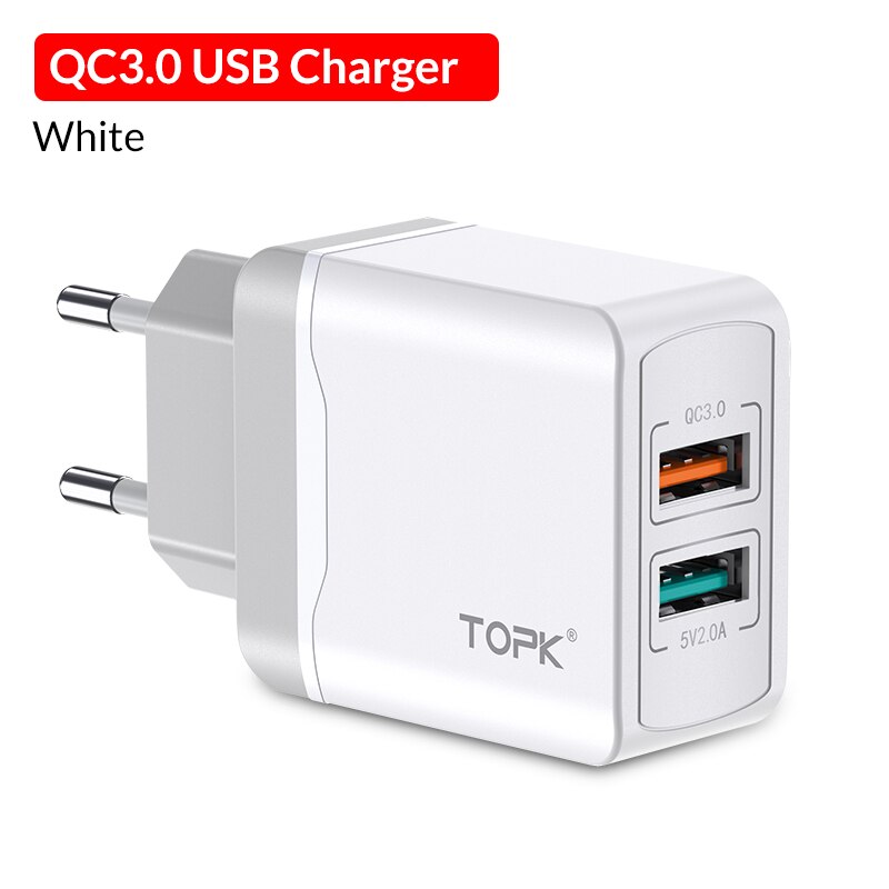 TOPK quick charge 3.0 EU Charger for xiaomi usb charger for iphone x xs xr fast mobile charger for Samsung phone charger: 3A EU White