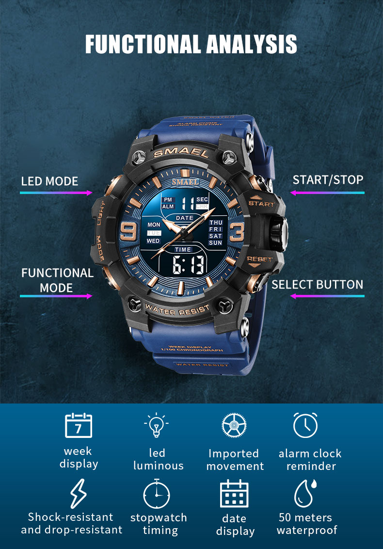 Smael 8049 Horloge Sport Led Licht Wekker Dual Time Display Waterproof Week Auto Date Polshorloges Quartz