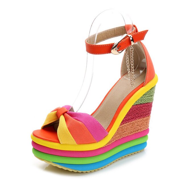 Ceyaneaossandals-sandales à plateforme, sandales d'été pour femmes, bloc de couleurs, talons hauts avec lanière à cheville, tressées, été sandales à talons compensés: Orange / 7