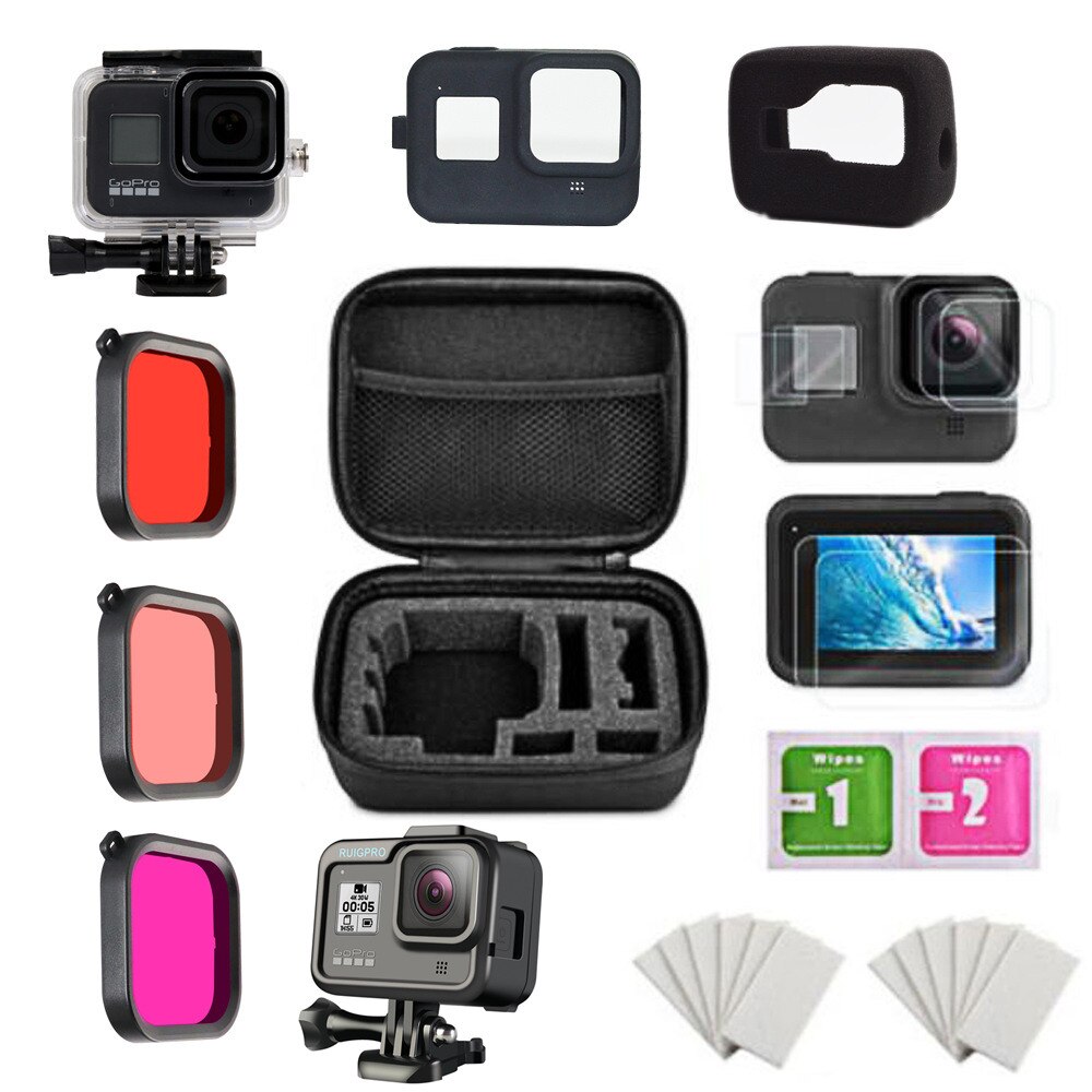 Go Pro 8 60M Waterproof Case Windshield Frame Silicone Case Diving Filter Bag For Gopro Hero 8 Black Action Camera Accessories: Bag set