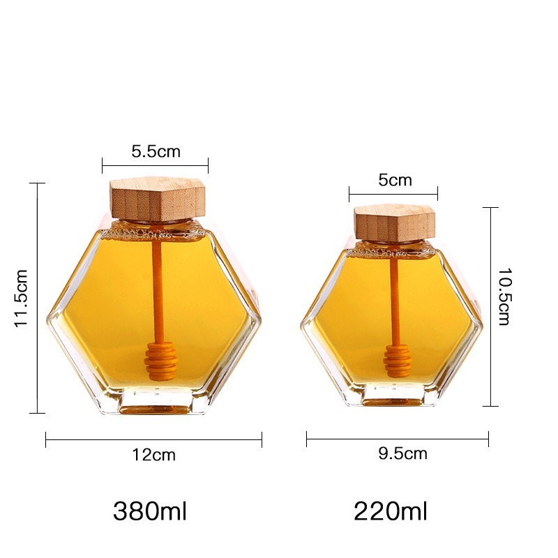 220Ml/380Ml Zeshoekige Glas Honing Fles Met Houten Roerstaafje Honing Verpakking Fles Kleine Honing Fles Container honing Jar