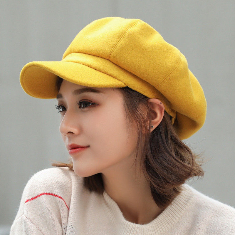 Winter Beret Hat for Women Solid Plain Autumn Octagonal Newsboy Cap Ladies Casual Adjustable Wool Hat Girls Painter Caps: Yellow