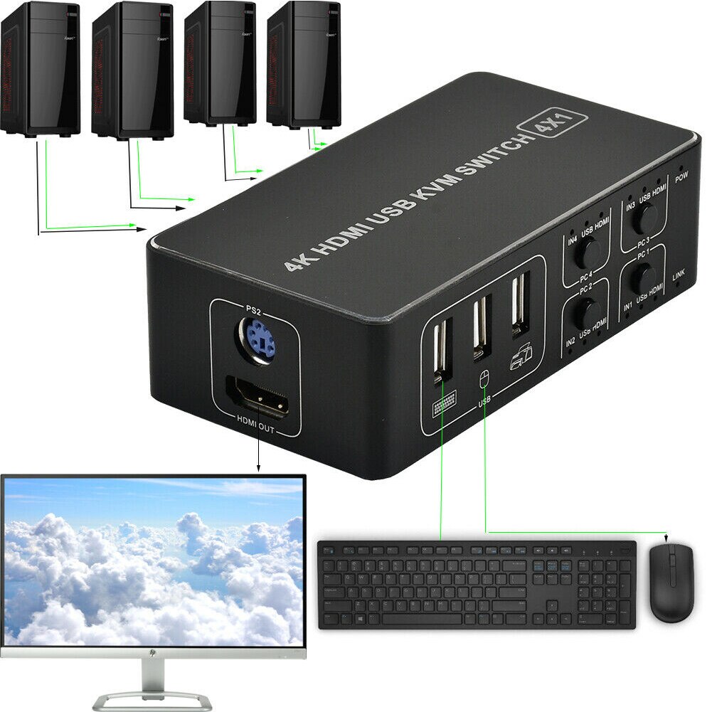 4k delning ultra hd dator kvm switcher stabil usb hdmi för mus tangentbord med indikera ljus 4 port nav aluminiumlegering