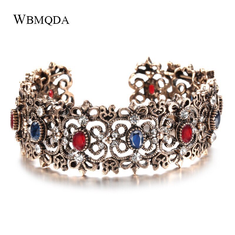 Wbmqda charme boho cristal pulseiras de ouro antigo ajustável grande punho pulseiras para mulheres declaração jóias festa presente atacado