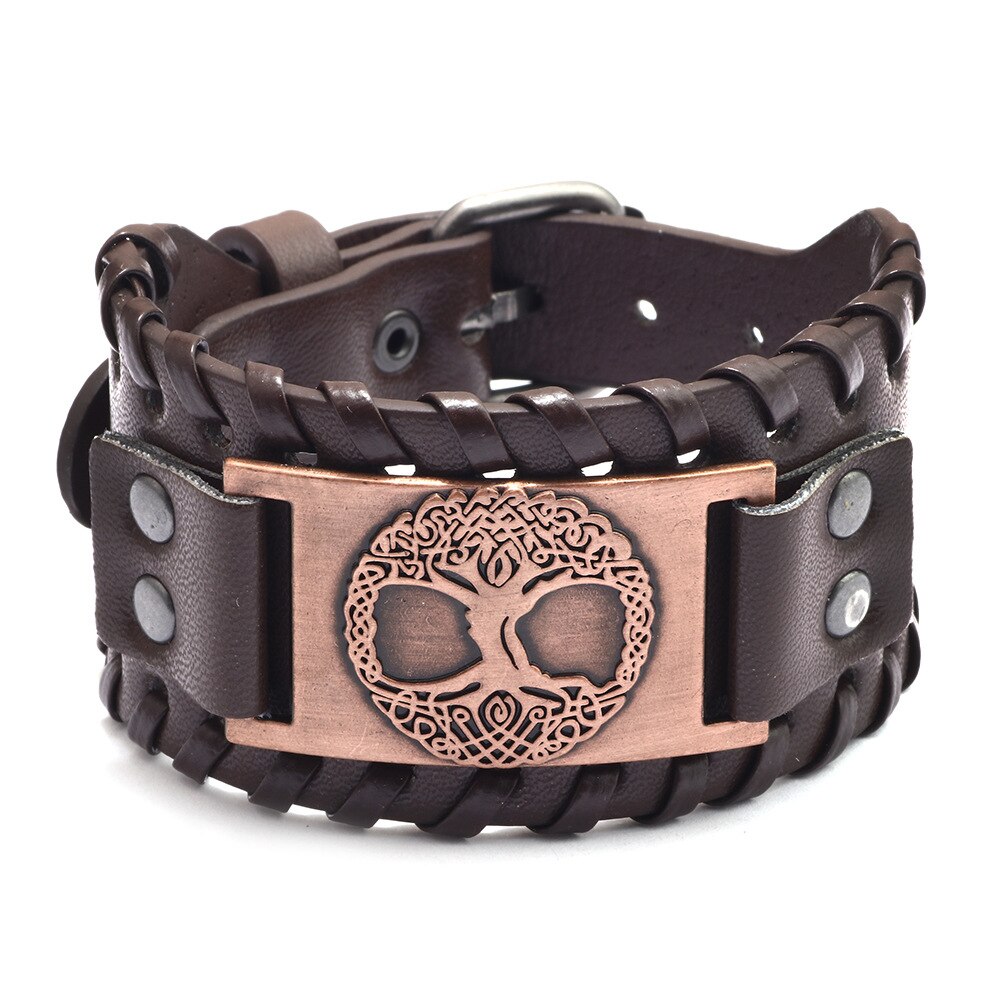 Pulsera de piel con brújula pirata para hombre, de tótem ancho, joyería vikinga celta, accesorios de pulsera, de: Chapado en oro antiguo