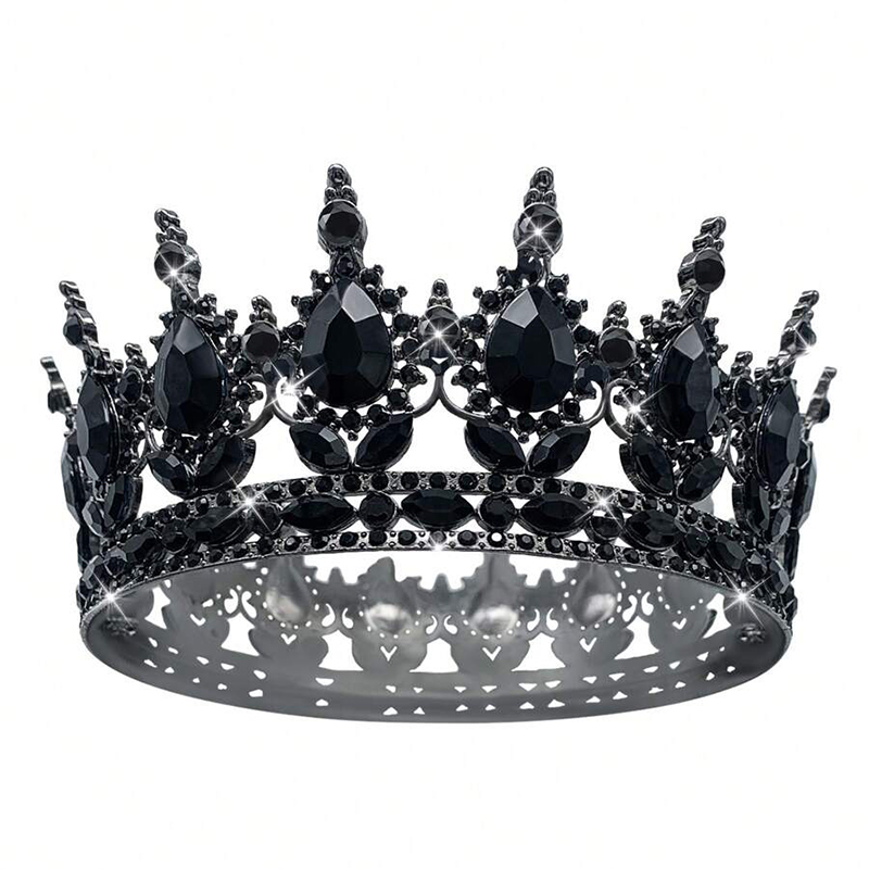 Luxury Color Baroque Queen Crown Colorful Sparkly Rhinestone Wedding Crown Bride Princess Full Round Tiaras Headband Headpieces: Black Gun Plated