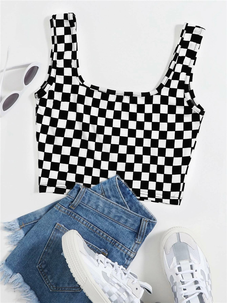 Y2K Dambord Plaid Patroon Crop Top Vrouwen Streetwear Zomer Bodycon Tank Top Shirts Zwart En Witte Kleur Blok Clubwear