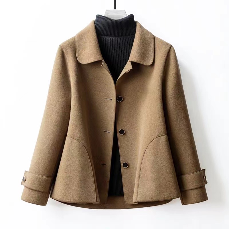 Casaco de lã dupla face feminino, Casaco curto de lã, Casaco preto, Casacos femininos, Outono, Inverno, Seção, Colarinho de boneca, Novo, 2022: M / Preto