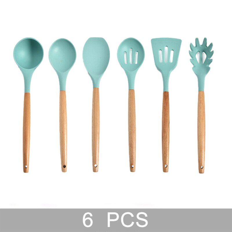 Green Silicone Kitchen Utensils Set Heat Resistant Nonstick Baking Cooking Tools 2/3/4/5/6/7/8/9 PCS Kitchenware Accessories: 6 PCS