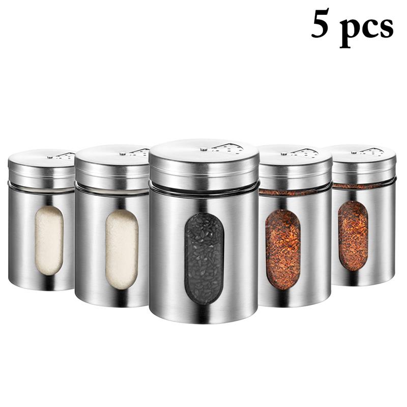 5Pcs Rvs Kruiden Kruiderij Jar Keuken Spice Fles Glas Seal Peper Shaker Fles Keuken Koken Tool: 5pcs