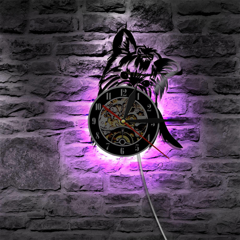 Yorkie Portrait Artist Dog Wall Clock Pet Shop Wall Art Vinyl Record Clock with LED Night Light Yorkshire Terrier Dog Breed