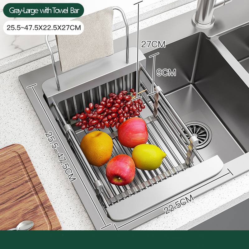 Égouttoir à vaisselle, panier de vidange d'évier en acier inoxydable, évolutive, rangement de cuisine, égouttoir pour légumes et Fruits, organisateur universel: GRIS