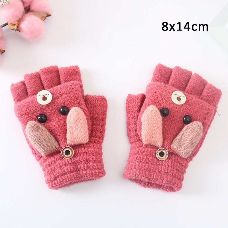 1 Paar Winter Warm Kids Jongens Meisjes Handschoenen Leuke Dier Patroon Breien Wol Mooie Half Vinger Handschoenen Voor Kinderen: rose red