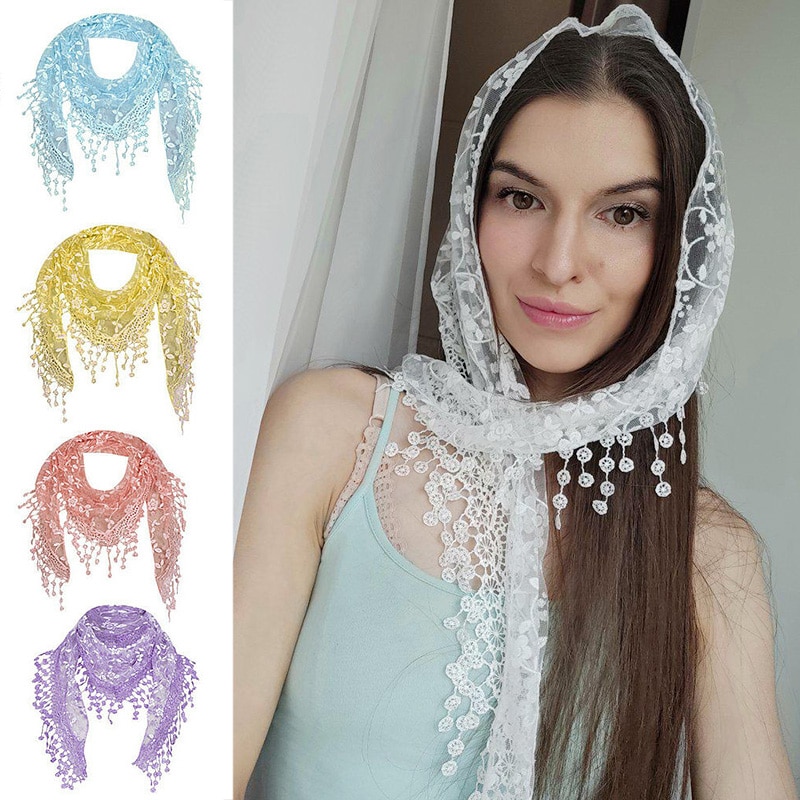 Vrouwen Bloemen Sjaal Wrap Lace Sheer Kwastje Sjaal Mode Hollow Tassel Lace Rose Bloemen Knit Driehoek Mantilla Sjaals