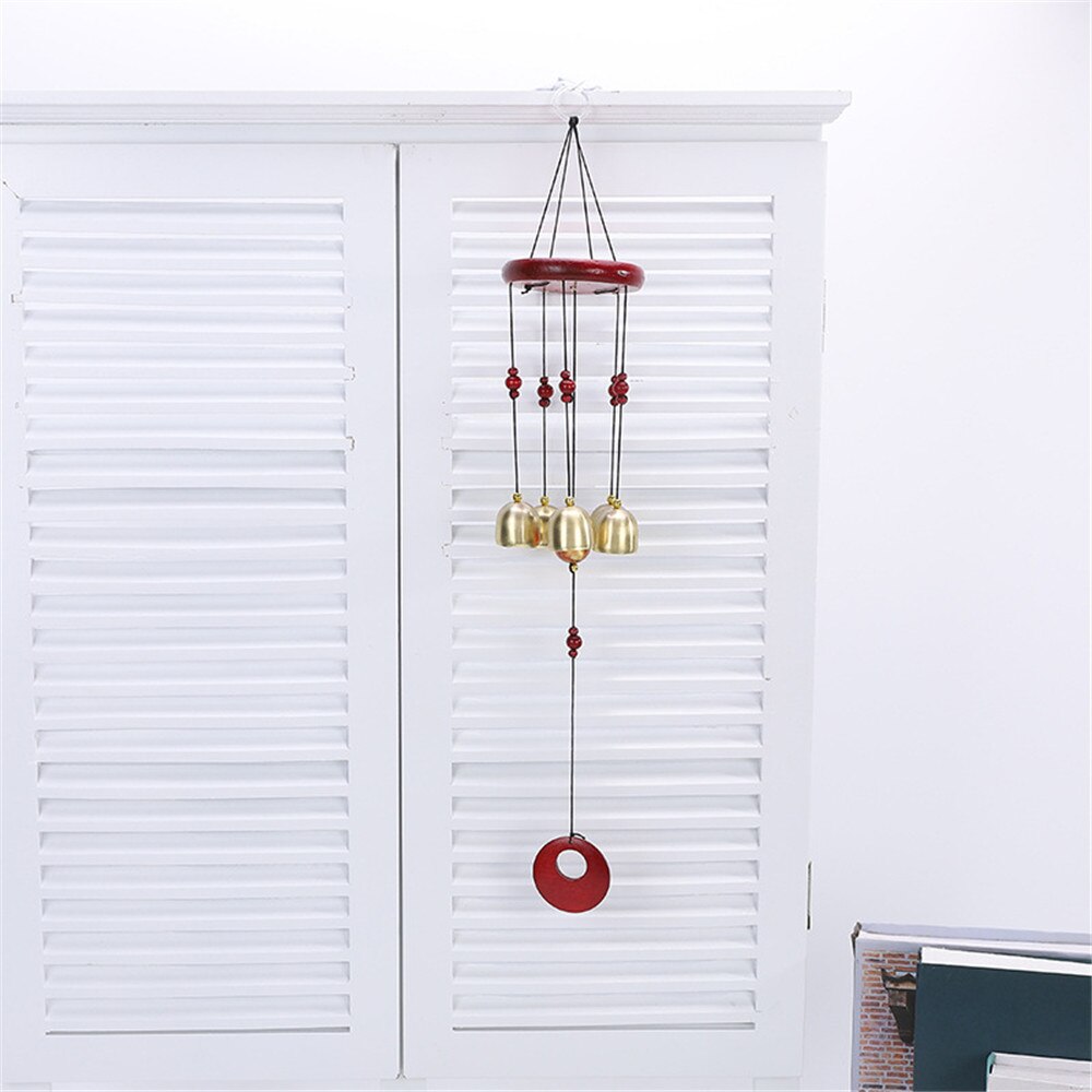 1pc massivt trä vind chimes mahogny rund platta 5 koppar klockor trä ornament dörr hängande innergård balkong hängande