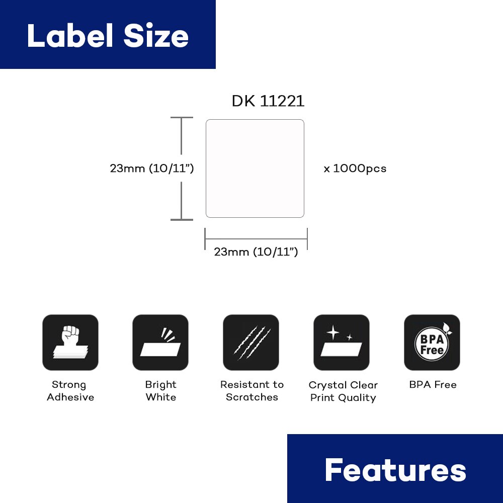 23mm * 23mm * 1000 pièces blanc DK11221 DK-11221 de papier thermique Compatible DK 11221 Compatible pour imprimante d'étiquettes Brother QL QL-500