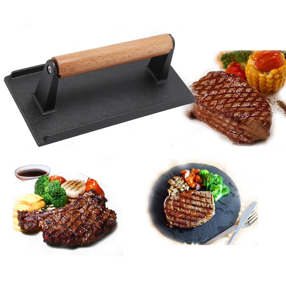 Gjutjärn köttpress med trähandtag vikt press stek tallrik bbq grill