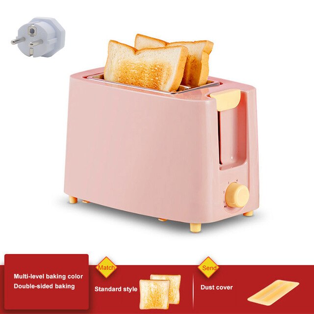 Household Automatic Bread Baking Maker Stainless Steel Electric Toaster Breakfast Machine Toast Sandwich Grill Oven 2 Slice: Pink Dust Cover