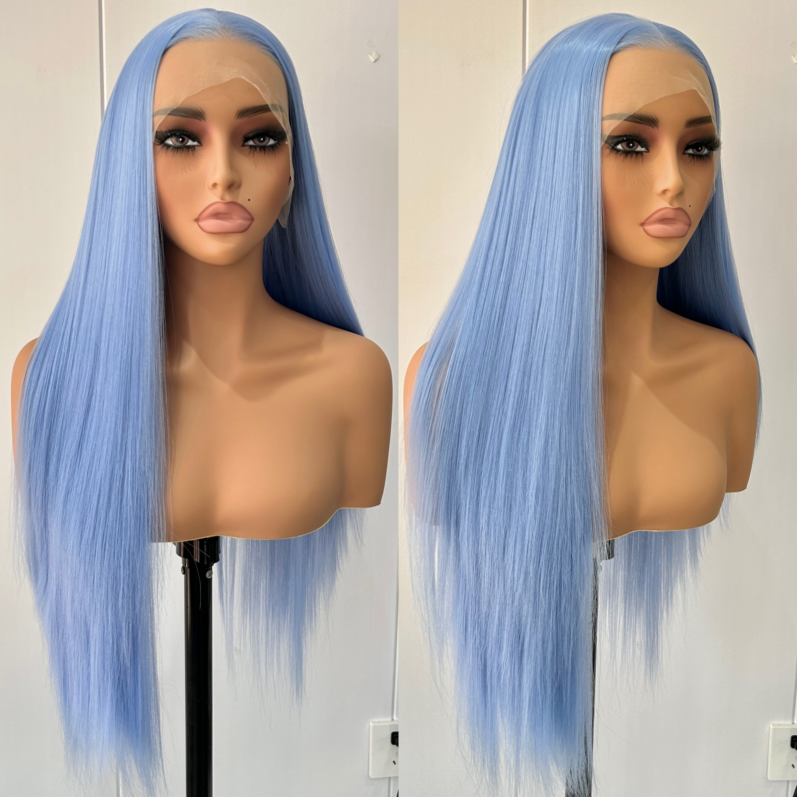 Pelucas de pelo sintético largo y sedoso para mujer, color azul claro, parte libre, color azul cielo, fibra resistente al calor, de Cosplay diaria