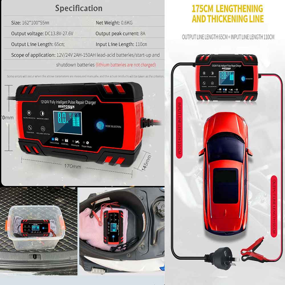 12/24V 8A LCD Battery Charger Touch Screen Smart Automatic Pulse Repair Charger for Car Motorcycle