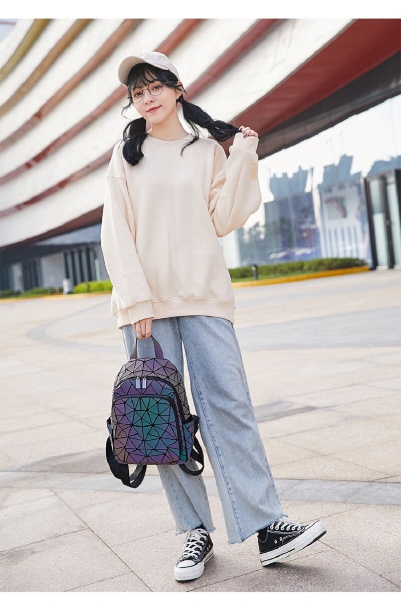 Holographic Luminous Rhombus Geometric Bag Cool Colorful Portable Diagonal Backpack