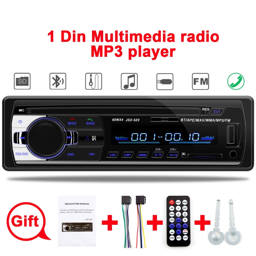 Autoradio 1 din auto estereo para carro auto radio bluetooth jsd 520 12V oto teypleri aux in usb radio tuner oto teypleri aux