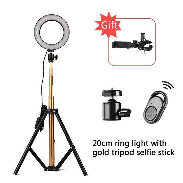 Anneau lumineux led 8 pouces pour xiaomi huawei, 5600k lampes à intensité variable, pour studio photo, téléphone, vidéo, avec 150cm trépieds et perches à selfie: Or 8 pouces 150cm