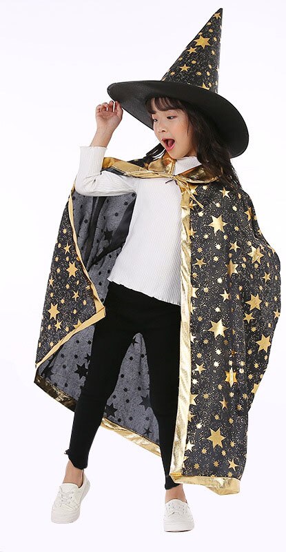 Kostium na bal maskowy czarodziej peleryna czarownicy peleryna szata z kapeluszem na pokaz gry Halloweens magiczne różdżki dla dzieci dzieci: black star