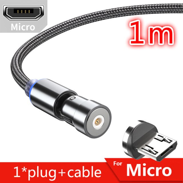 Cable magnético giratorio de 360 grados, Cable de carga USB tipo C, cargador magnético de carga rápida, Cable micromagnético giratorio de 540 grados: 1m Balck Andriod