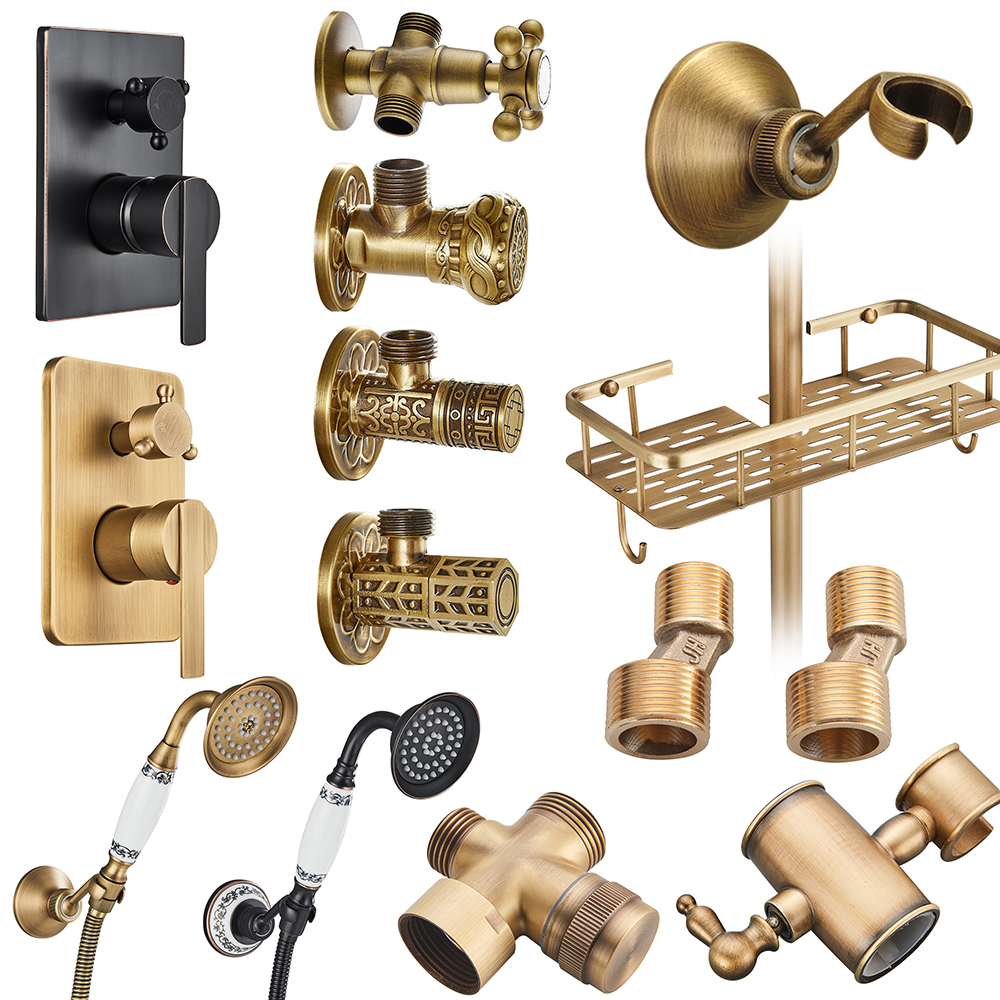 Antique Brass Shower Mixer Valve Toilet Filling Valves Wall Handshower Bracket Shower Arm Extend Tube Double Triangle Valve