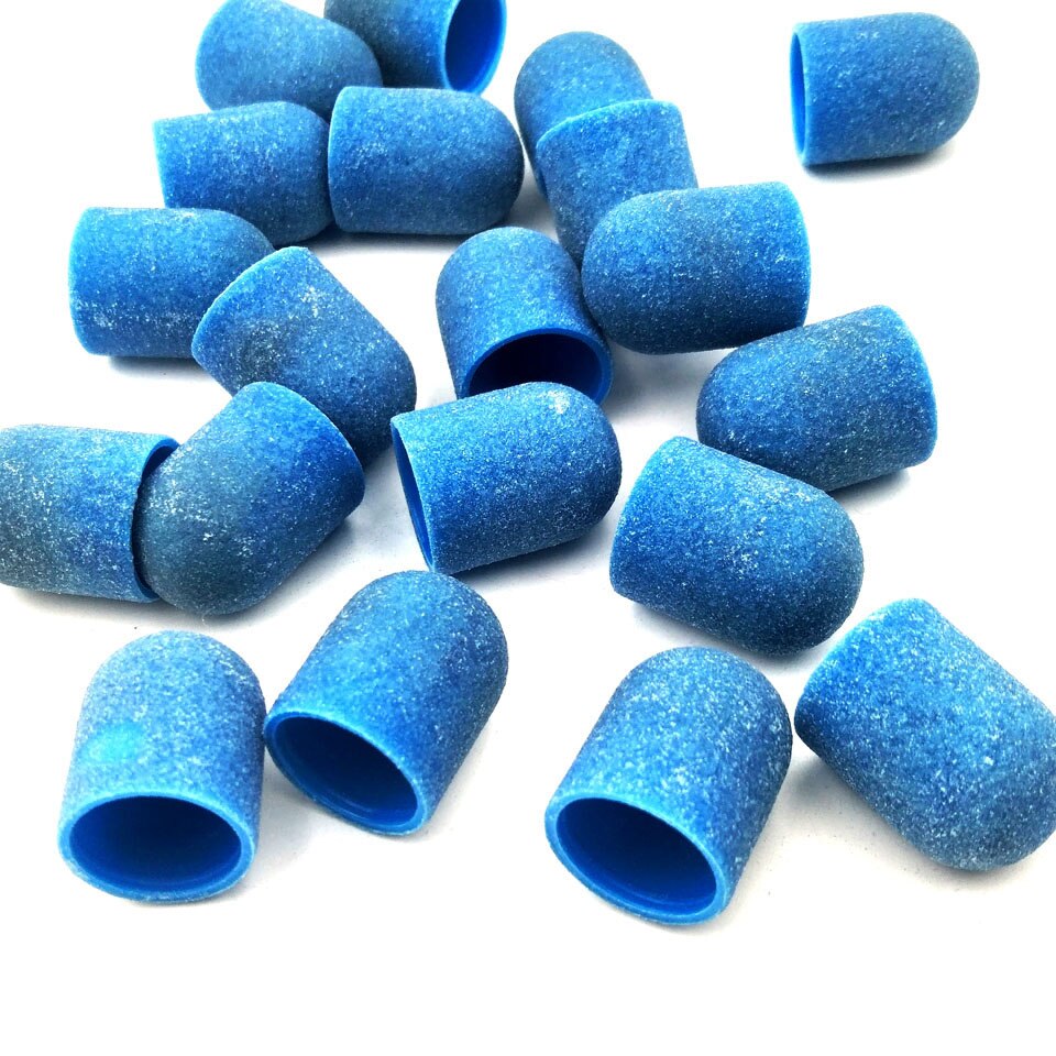 50 stuks 13*19mm Blauw Plastic Base Schuren Caps Met Rubberen Grip Pedicure Polijsten Zand Blok Boor Accessoires voet File Tool