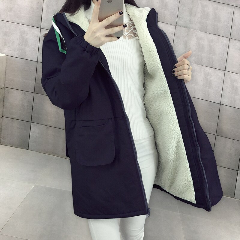 Winter fleece dames parka grote maat dames capuchon medium lengte warme winterjas gewatteerd roze blauw dames windjack kleding: Zwarte jas / M