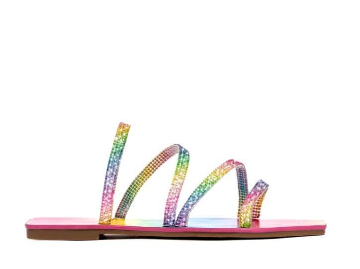 sommer Explosion Modelle Strass Regenbogen Frauen Sandalen SchöNe Weibliche Hausschuhe draussen Strand Schuhe Flache Schuhe